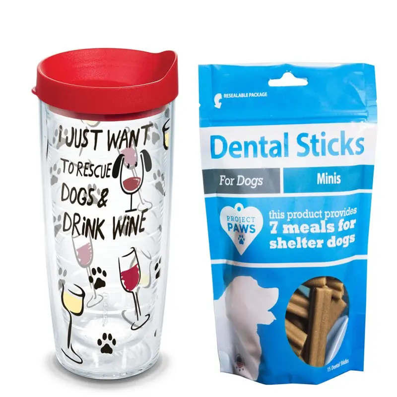 

Paws I Just Want to Rescue Dogs & Drink Wine 16 oz Tumbler with red lid with Dental Sticks Minis Plato para gato Plastic bowl Ca
