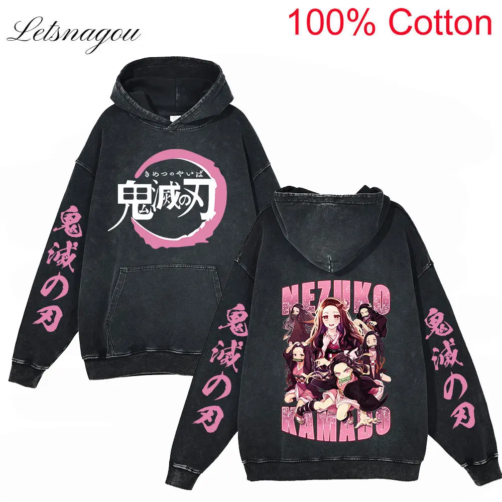 

Anime Demon Slayer Kamado Nezuko Washed Hoodies Graphic Streetwear Hip Hop Cotton Long Sleeves Vintage Hooded Sweatshirts