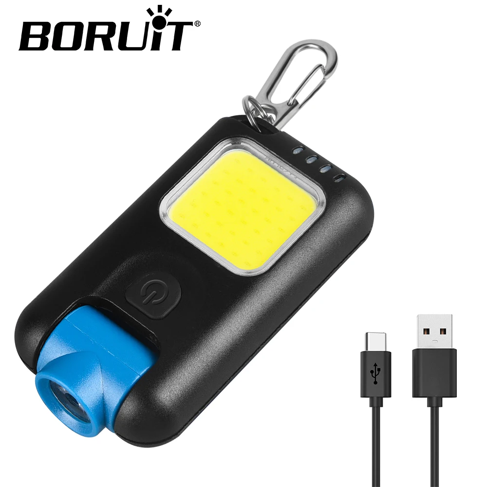 BORUiT Mini Keychain Flashlight COB Side Light 5 Modes Portable Flashlight Built-in Battery USB-C Rechargeable Camping Torch