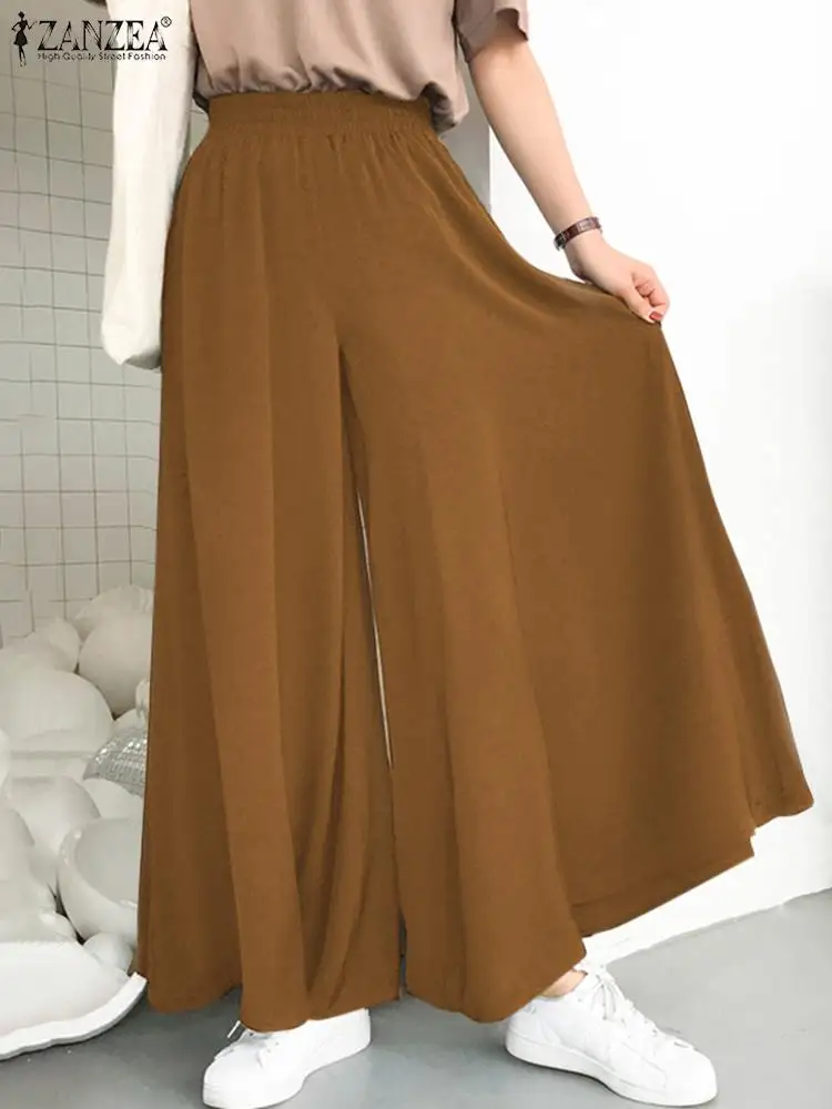 

Oversized ZANZEA Women Elastic Waist Trousers 2022 Ladies Wide Leg Pants Capris Casual Summer Loose Solid Pantalons Palazzos 1