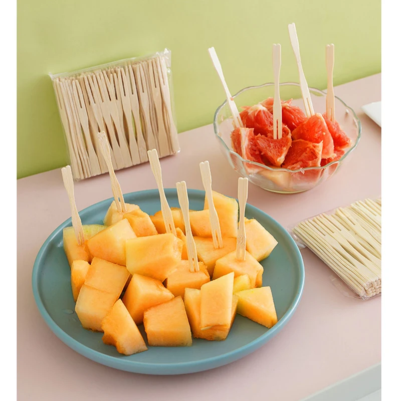 

Disposable Fruit Forks Bamboo Fruit Stick Cake Dessert Two-tine Forks