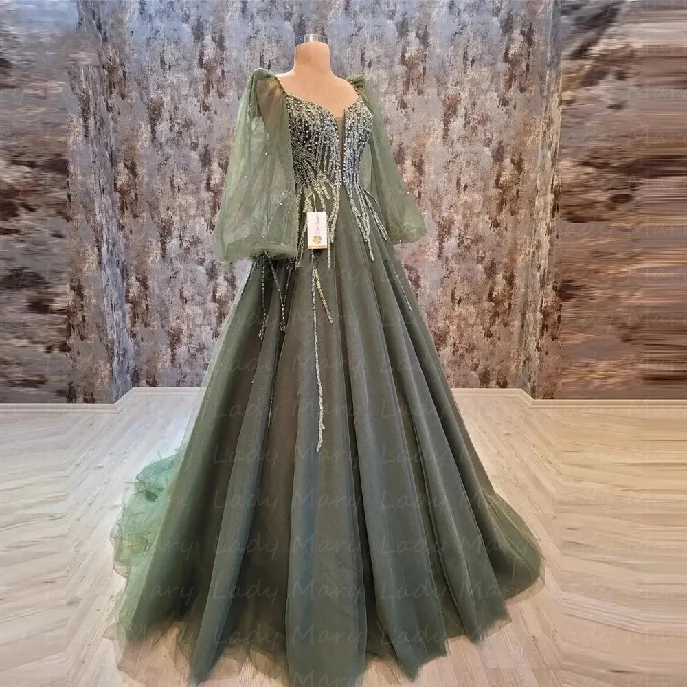

Hunter Green Luxury Evening Dresses Glitter Sequins Beads Puffy Long Sleeves Women Formal Prom Gowns Arabic Dubai Wedding Party