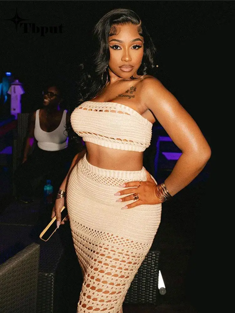 

Сексуальный комплект с юбкой с вырезами и высокой талией, женский короткий Топ без бретелек с открытыми плечами, летний облегающий однотонный костюм для вечеринки и клуба