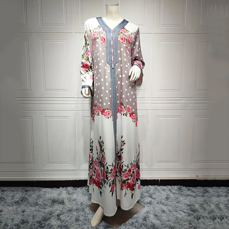 Ramadan Eid Mubarak Kaftan Dubai Printed Abaya For Women 2022 Long Sleeve Loose Floral Muslim Dress Arab Jilbab Abaya Turkey New