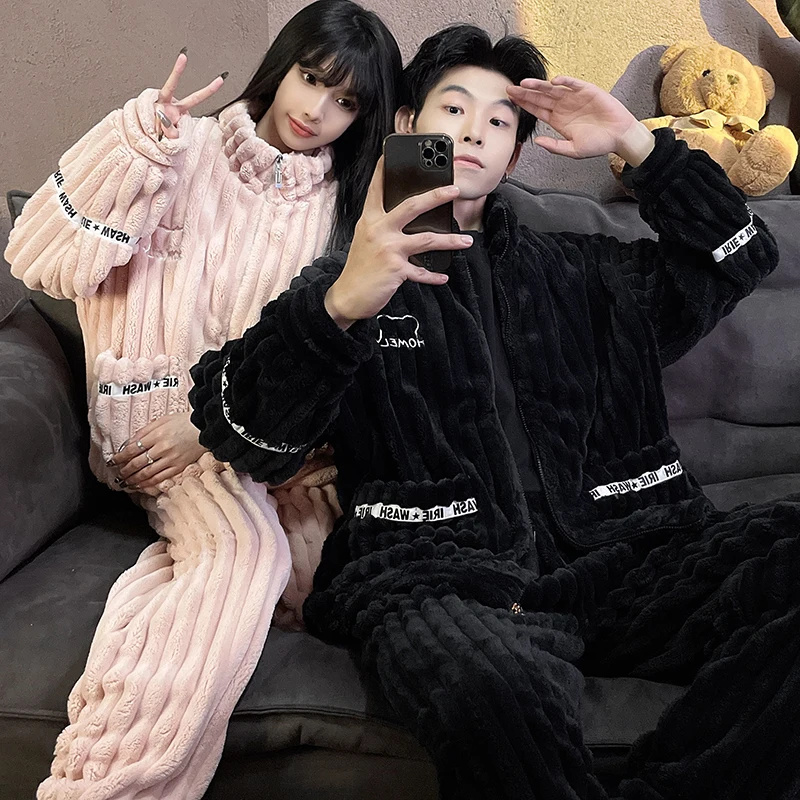 QUHENG Men's Winter Couples Pajamas Set Flannel Women Pijamas Plush Sleepwear Autumn Suit Home Clothing Rest Clothes Sleep Suit
