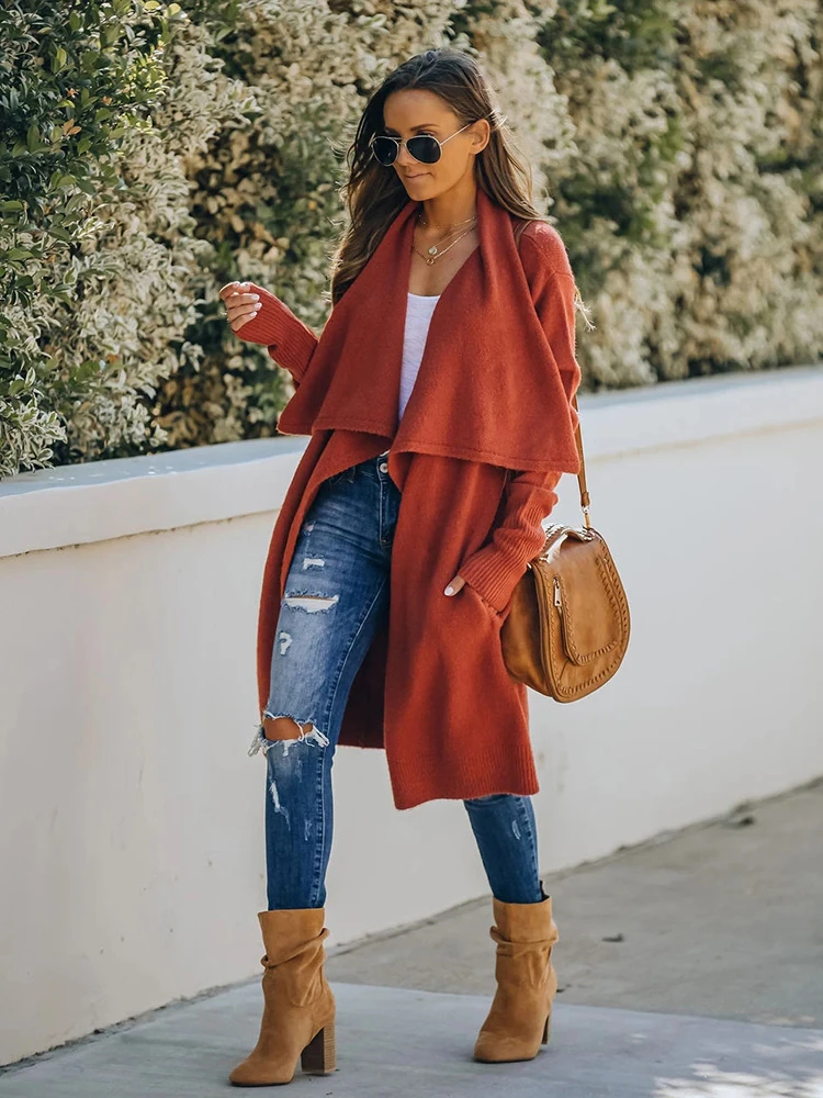 Женский длинный кардиган с отложным воротником в богемном стиле |