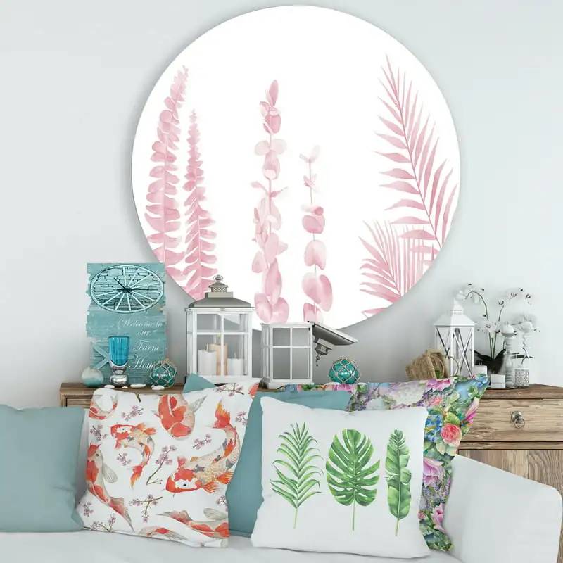 

'Palm Branches and Blush Pinkeucalyptus' Shabby Chic Circle Metal Wall Art 36x36 - Disc of 36