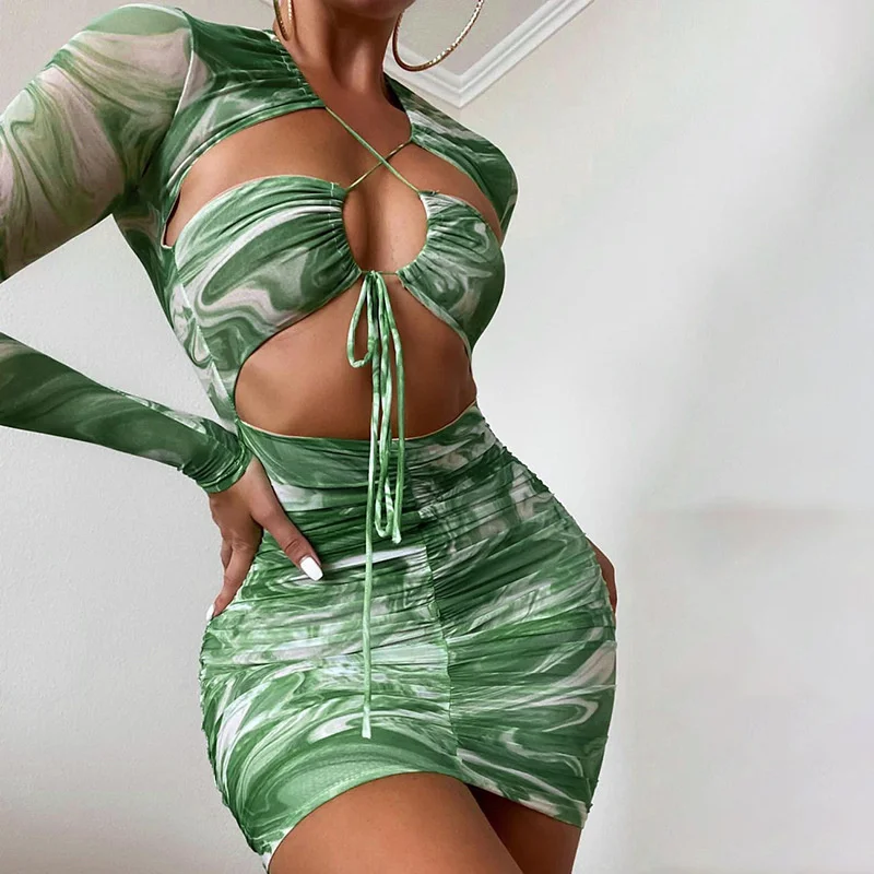 

Green Print Lace Up Sexy Bodycon Dress Women 2021 Pleat Robes Hollow Party Dresses Elegant Mini Autumn Dress