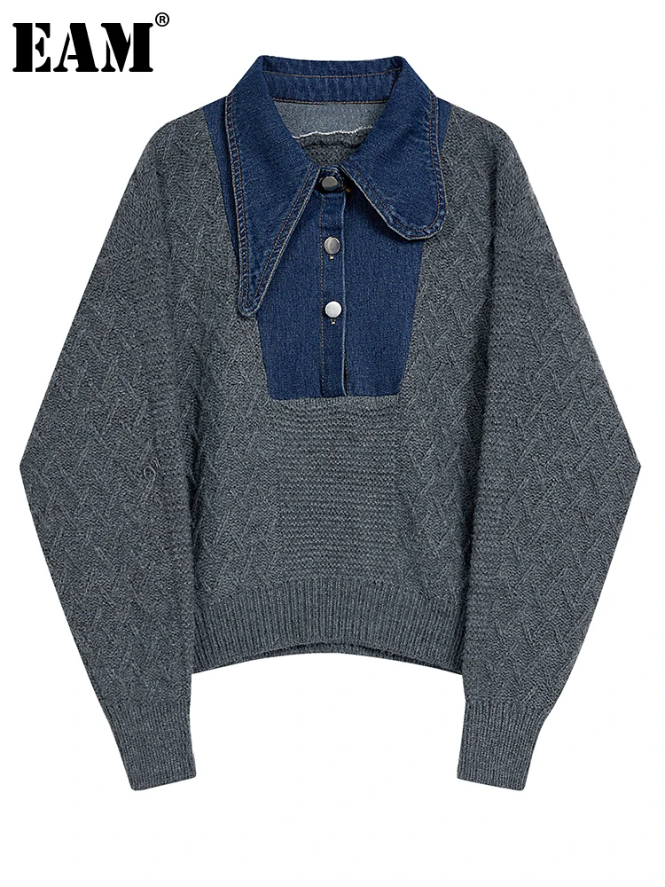 

[EAM] Dark Gray Denim Knitting Sweater Loose Fit Lapel Long Sleeve Women Pullovers New Fashion Tide Spring Autumn 2023 1DH1671