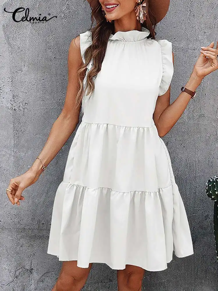 

Celmia Holiday Sleeveless Dresses Pleated A-line Fashion Casual Short Robe Ruffles Splicing Women 2023 Tiered Summer Mini Dress