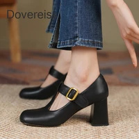 2022 summer block heels women genuine leather thick heels square toe chunky heels party shoes beige pumps ladies shoes 33 40