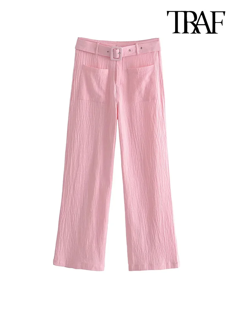 

TRAF Women Fashion With Belt Front Pockets Straight Pants Vintage High Waist Zipper Fly Female Trousers Mujer