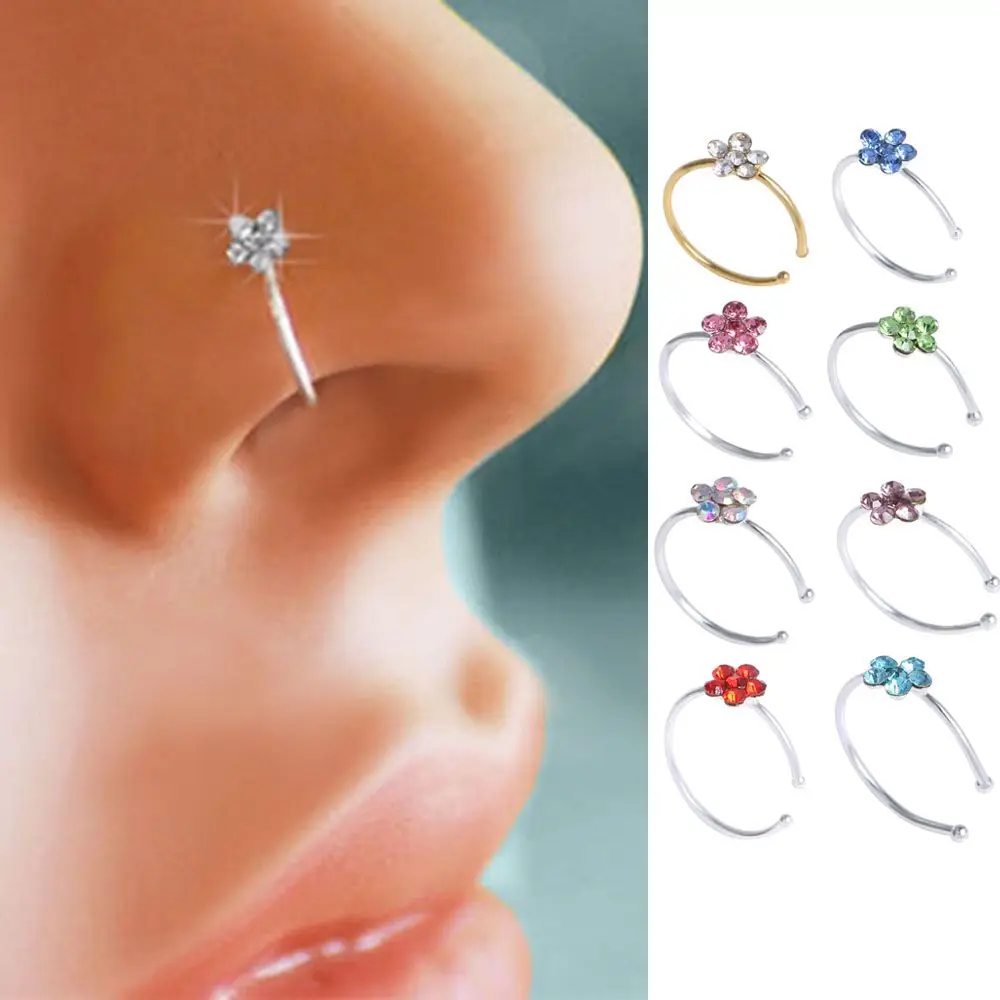 

Fashion Navel Unisex for Girl Party Dress Stud Ring Flower Nostril Crystal Rhinestone Fake Body Jewelry Nose Ring Hoop