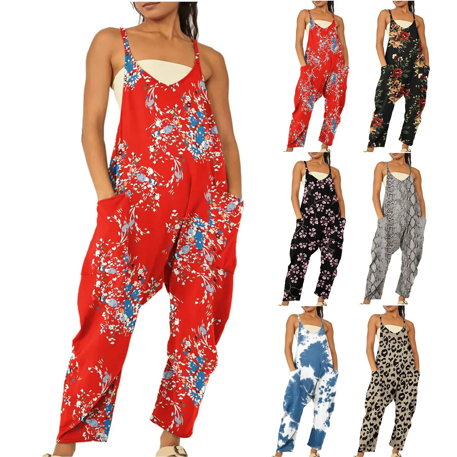 

Harem Jumpsuit Spaghetti Long Camis Pocket Summer Vintage Loose Wide Leg Overall Jumpsuit Playsuits Pocket Bodysuits Women Bib