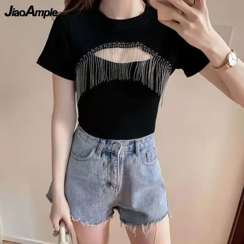 

2022 Summer Fashion Hollow Black T Shirt Women Korean Personality Tassel Short Sleeve Tees Student Casual Tops Lady Streetwear