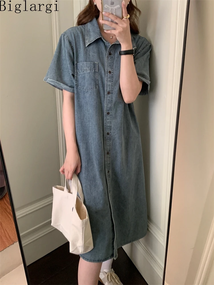 

Korea Summer Vintage Fashion Denim Shirt Women Dress Casual Office Cardigan Dress Ladies Womens Cotton Blue Long Shirt Dresses