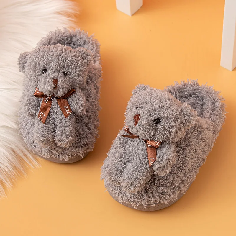 New Baby Teddy Bear Fluffy Slippers Toddler Messy Hair Shoes Winter Home Furry Babi Plush slides Kid's Animal Flat House Shoes