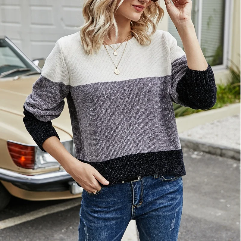 

Womens Color Block Oversized Crewneck Sweaters Striped Long Sleeve Loose ​Knitted Pullover Jumper Tops