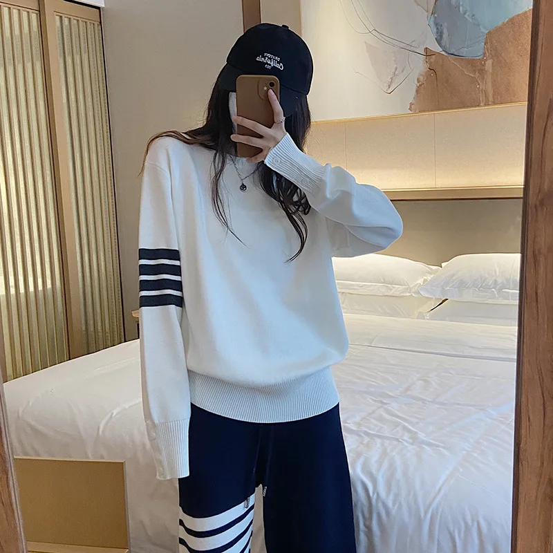 

High Quality Korean Autumn TB College Wind Four-bar Wool Pullover Sweater Long Sleeve Round Neck Casual Bottoming Sweater Female