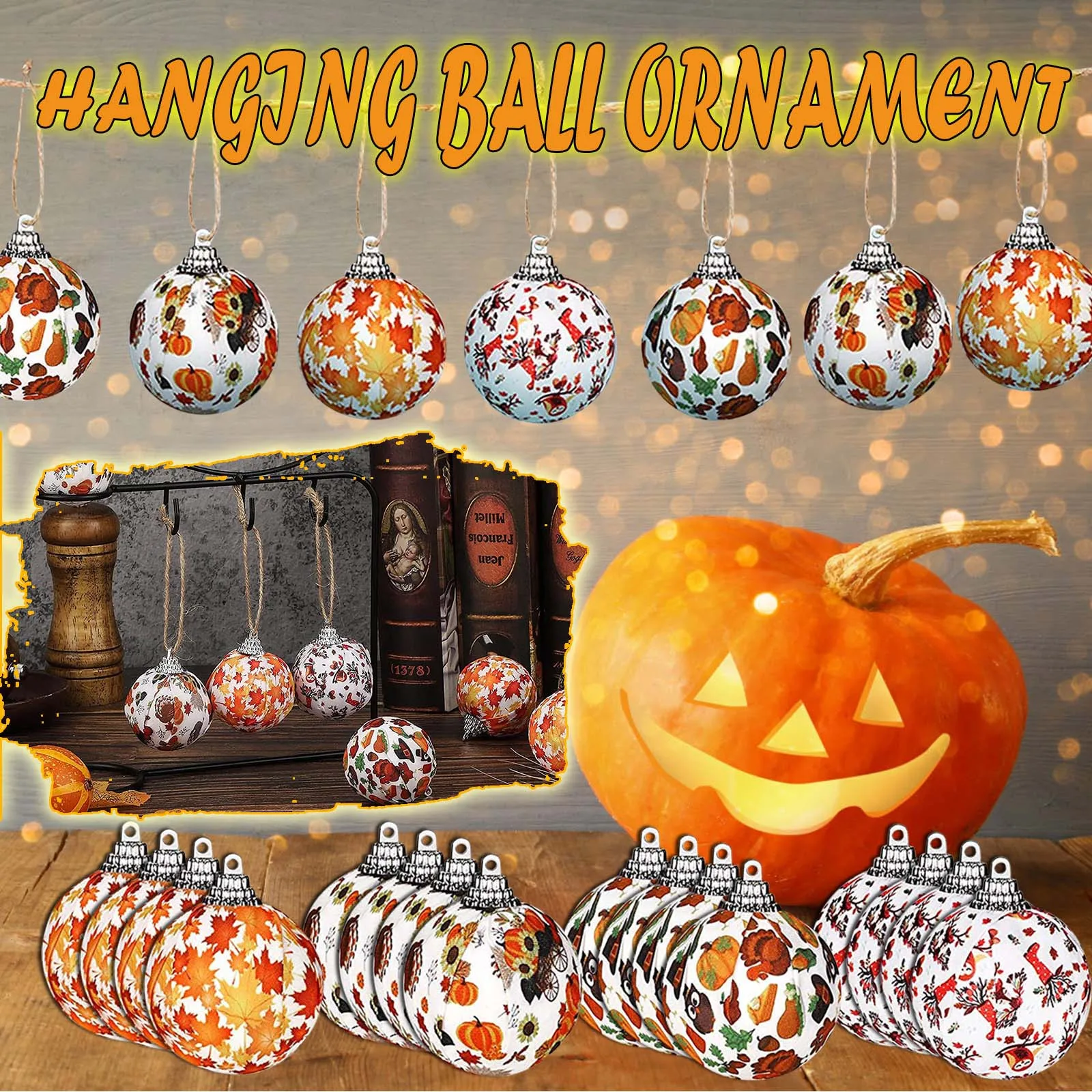 

16 Pieces Hallow Fall Hanging Ball Ornament Fabric Wrapped Hanging Ball Maple