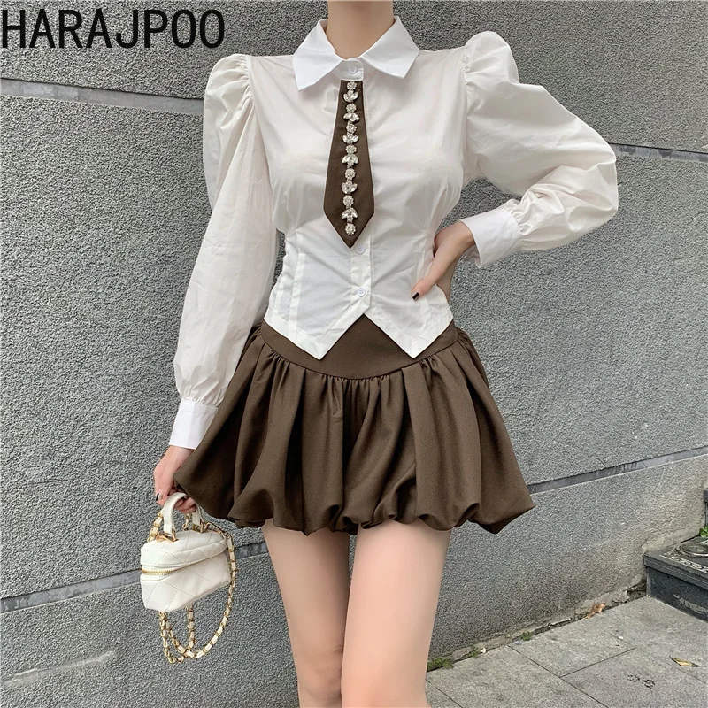 

Harajpoo Shirts Woman Bow Tie Diamonds Puff Long Sleeve 2022 New Korean Fashion Turndown Collar White Preppy Style Tops Solid
