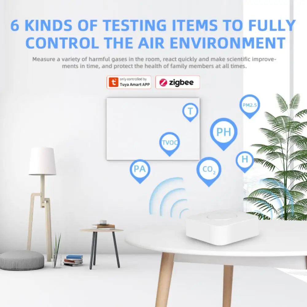 

Automation Alarm Detector Mini Pm2.5 Co2 Formaldehyde Temperature And Humidity Detector Sensor 6 In 1 Tuya Smart Air Housekeeper