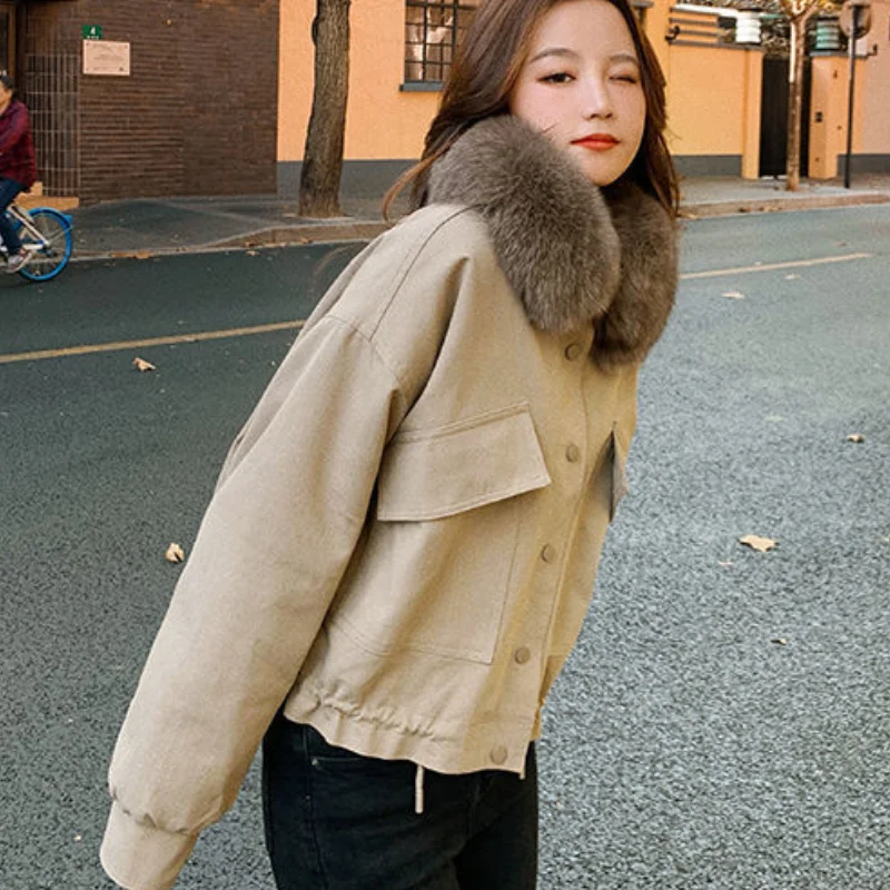 2023 Winter New Women Cropped Coat Female Warm Jacket Fashion Leisure Thick Loose Solid Casual Sweet All-Match Detachable Collar