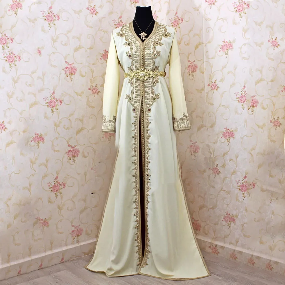 

Moroccan Caftan Evening Dresses For Women V-Neck Gold Applique Prom Gowns Front Split Sweep Train A-Line فساتين مناسبة رسمية