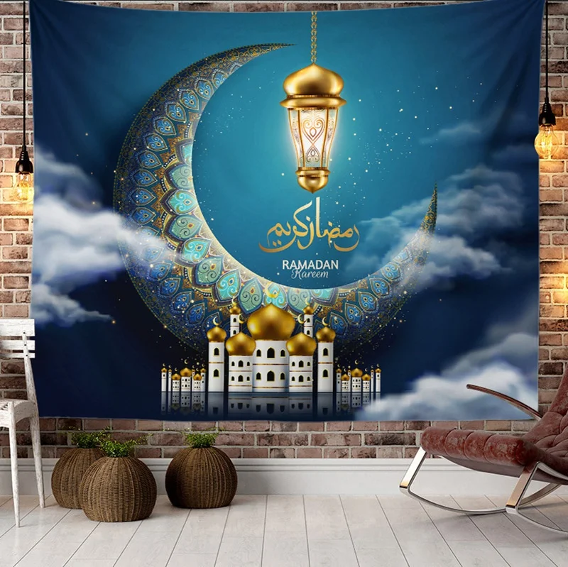 

Eid Mubarak Ramadan Tapestry Islamic Moon Religion Festival Wall Hanging Cloth Tapestries for Church Room Decoration Wall Carpet