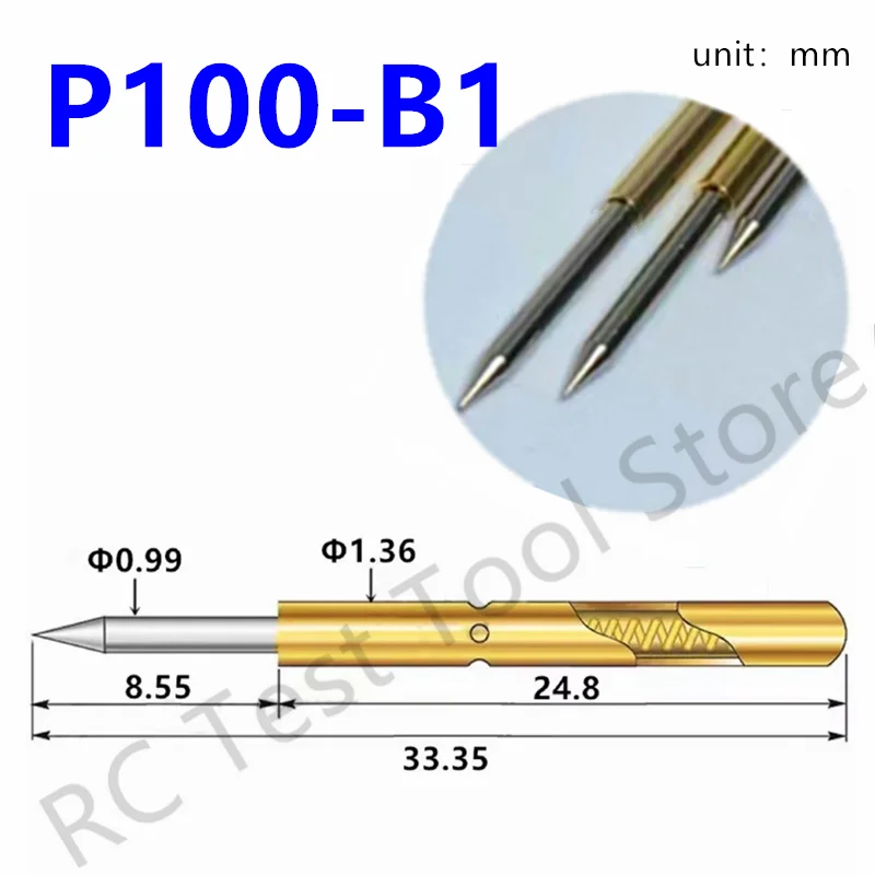 20/100PCS P100-B1 Spring Test Probe Test Pin P100-B Spring Test Pin Electric Tool Length 33.35mm Needle Tip Dia 0.99mm Pogo Pins