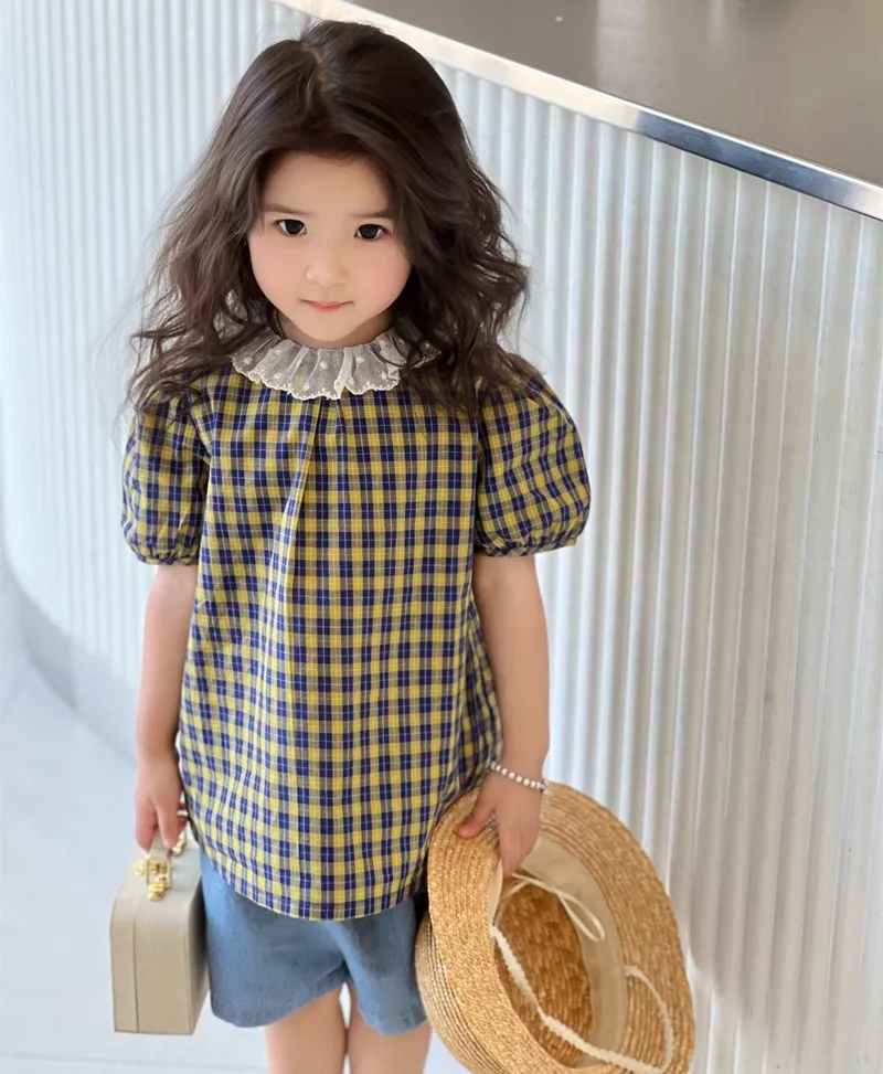 

Summer kids tops cotton baby girls clothes Classic plaid pattern lace collar sweet girl's top