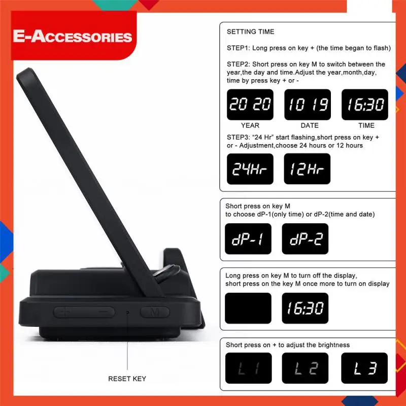 

Short-circuit Protection Multi-function Wireless Charger Stand Over-voltage Protection Digital Display Clock Charge Station