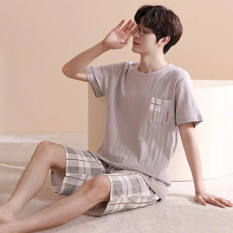 Men's Pajamas Set Cotton Summer Two-Piece Sleepwear Short Sleeve Shorts Casual Loose Nightwear Lounge Home Clothing