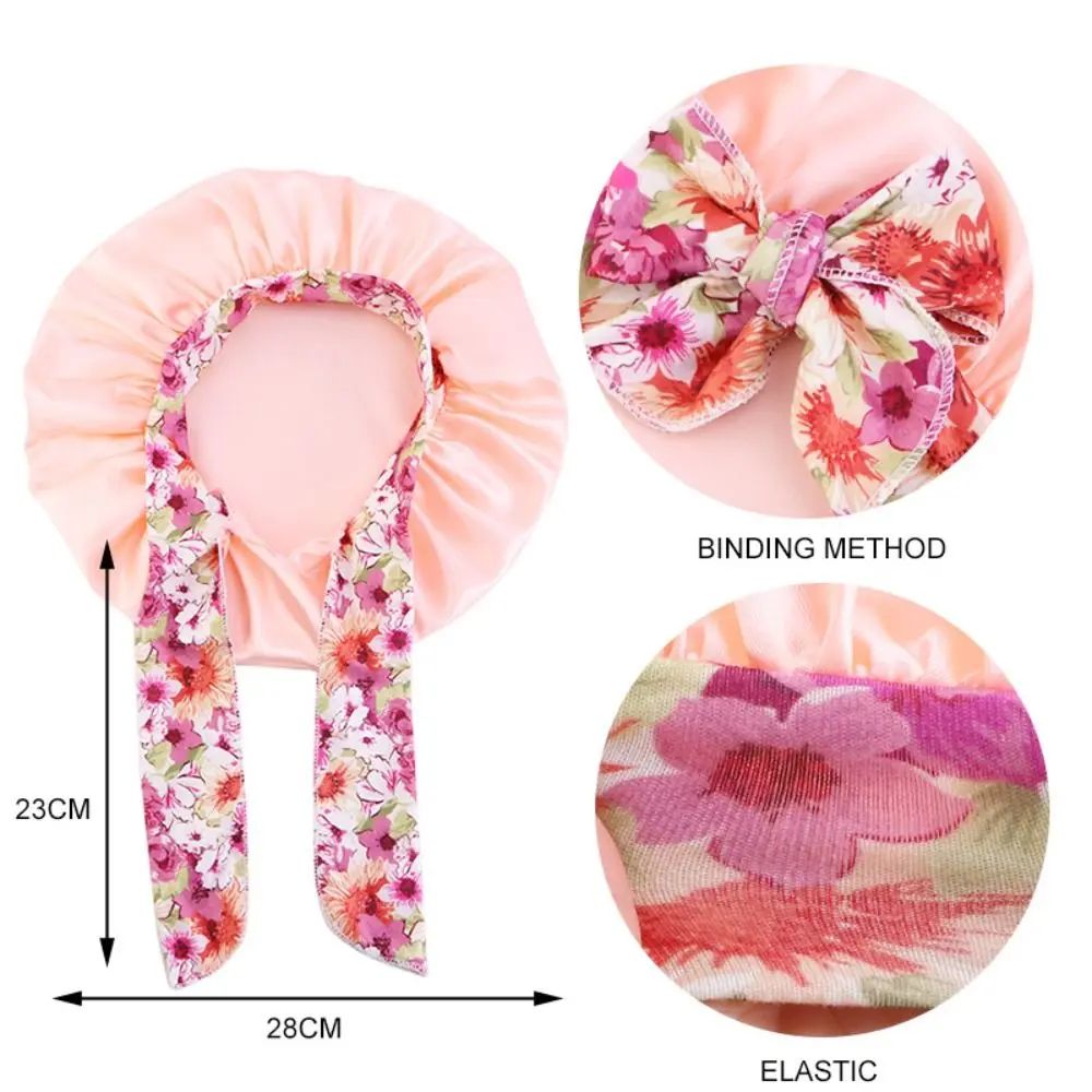 Silky Satin Bonnet Solid Wide-brimmed Sleeping Hat with Band Tie Kids Baby Sleep Cap Beanies Bowknot Children Nightcap images - 6