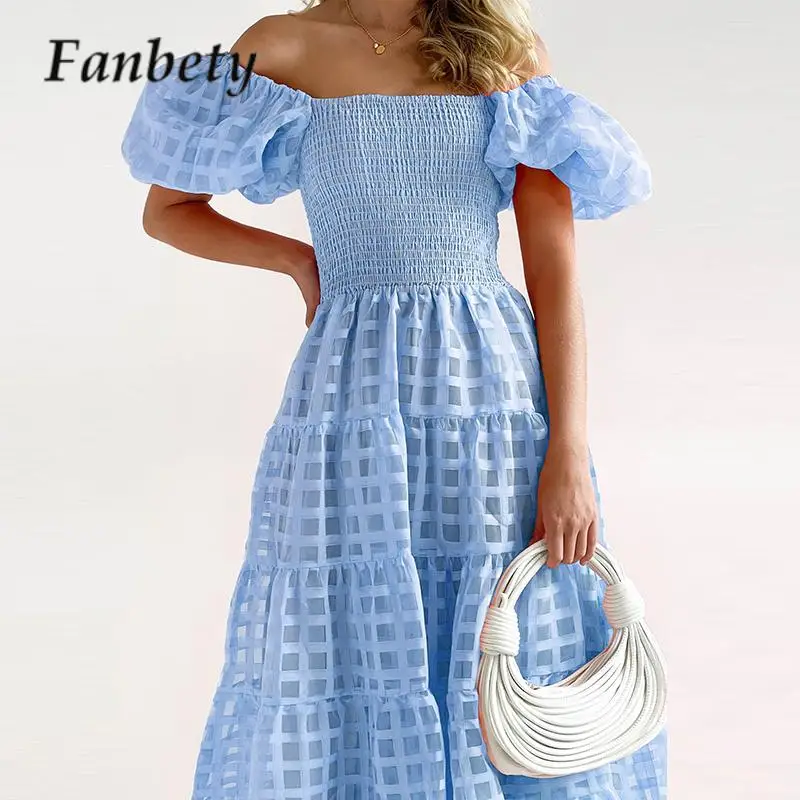 

Summer Square Collar Bubble Sleeve Off Shoulder Dress Fashion Solid Color Backless Long Dress Lady Sexy Hollow High Waist Dress