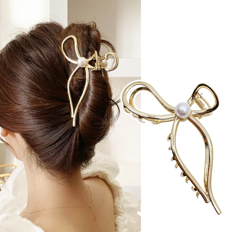 

Hollow Bow Metal Hair Clip Women Shark Hairpins Simple Elegant Pearl Big Claw Clips for Thick Hair Accessories Pince A Cheveux