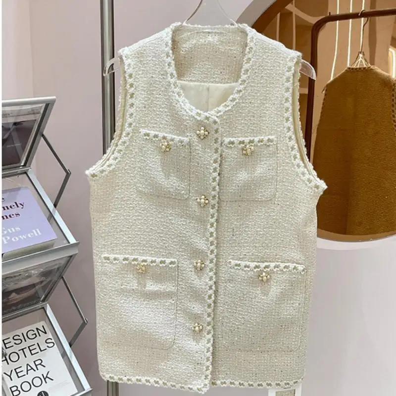 Женский твидовый однобортный жилет без рукавов элегантный тканый с блестками и