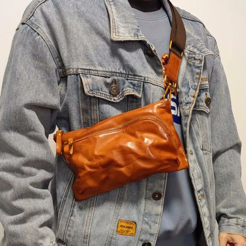 

AETOO New vintage men's chest bag plant tanned head layer leather crossbody bag leather casual fashion backpack hand