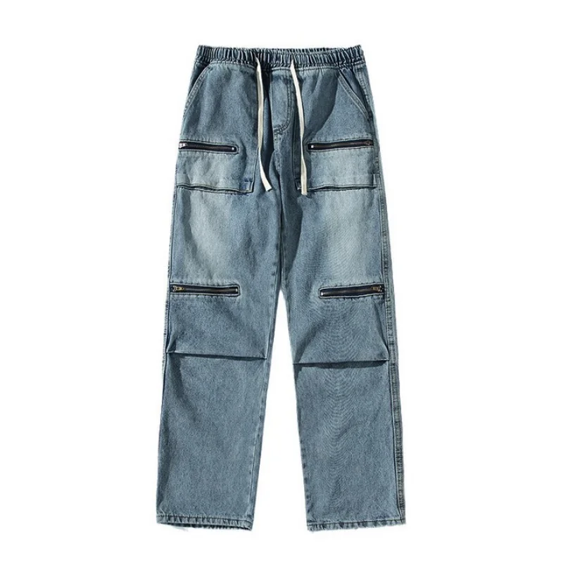 DEEPTOWN Black Straight Jeans Men Zipper Pockets Denim Pants Loose Casual Blue Trousers Male Streetwear Hip Hop Punk Spring