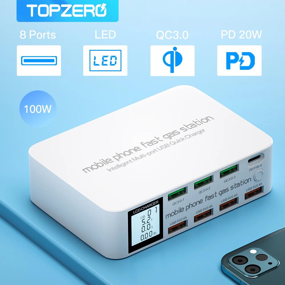 100w 8 ports usb charger station quick charge 3 0 portable type c pd fast charger adapter hub for iphone 13 12 11 xiaomi samsung free global shipping