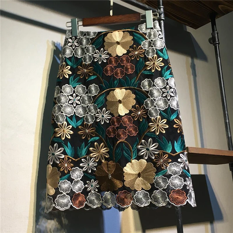 

New Arrival Spring Korea Fashion Women High Waist Knee-length Lace Skirts Elegance Slim Hip Flower Embroidery A-line Skirt S853