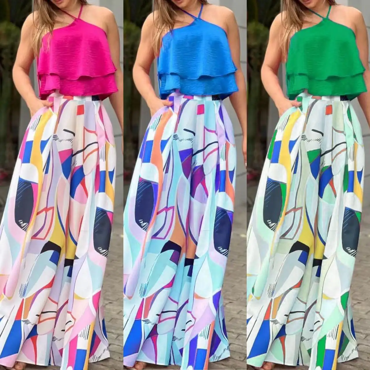 

Wepbel Sleeveless Camis Tops Women 2pcs Sets Outfits Pants Sets Double Halter Top Printed Straight-Leg Pants Summer Beach Wear