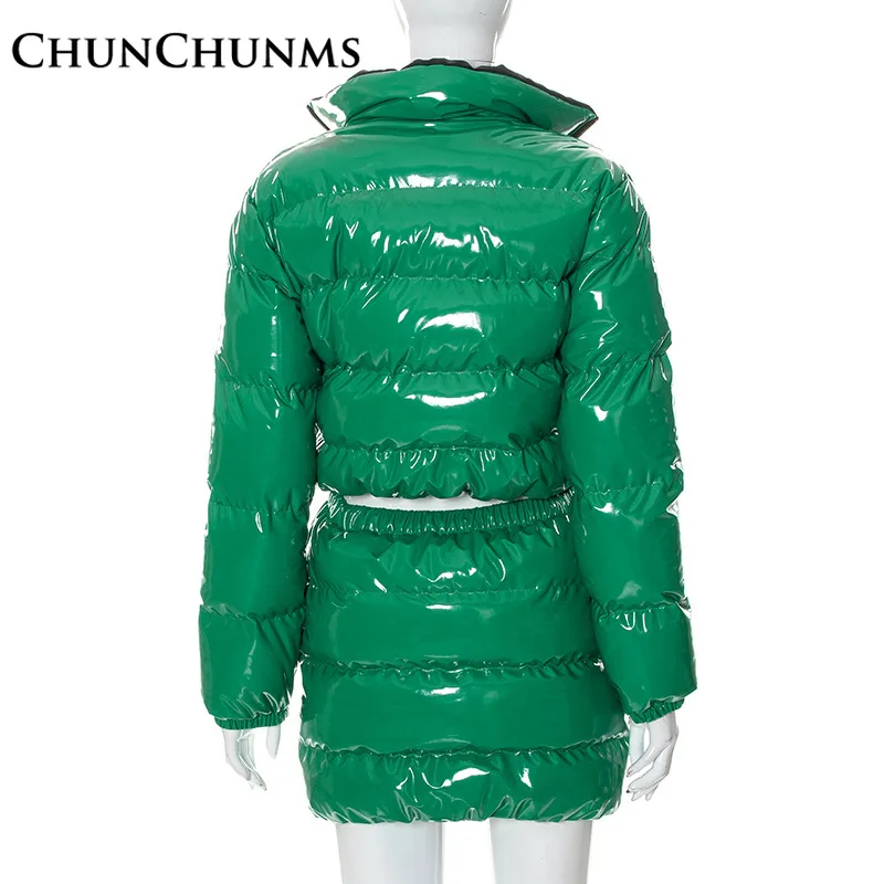 2022 Winter PU Leather Down Jackets Warm Women Stand Collar Slim Short Cotton Padded Puff Coat Street Wear Y2k Oversize Outwear
