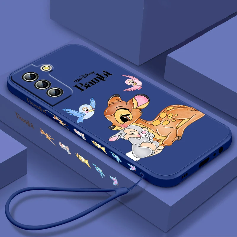 

Cartoon Bambi Cute For Samsung Galaxy S23 S22 S21 S20 S10 S9 Ultra Plus Pro FE Liquid Left Rope Silicone Phone Case