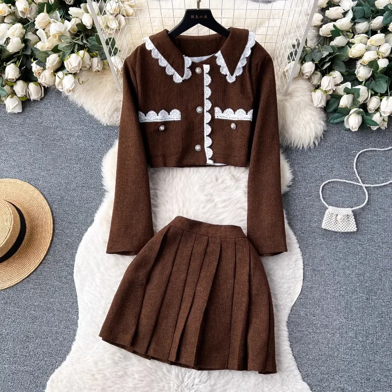 

Autumn Elegant Vintage Lace Doll Collar Short Sweet Coat with High Waist Pleated Skirt Suit Fashion Two-piece Set for Women