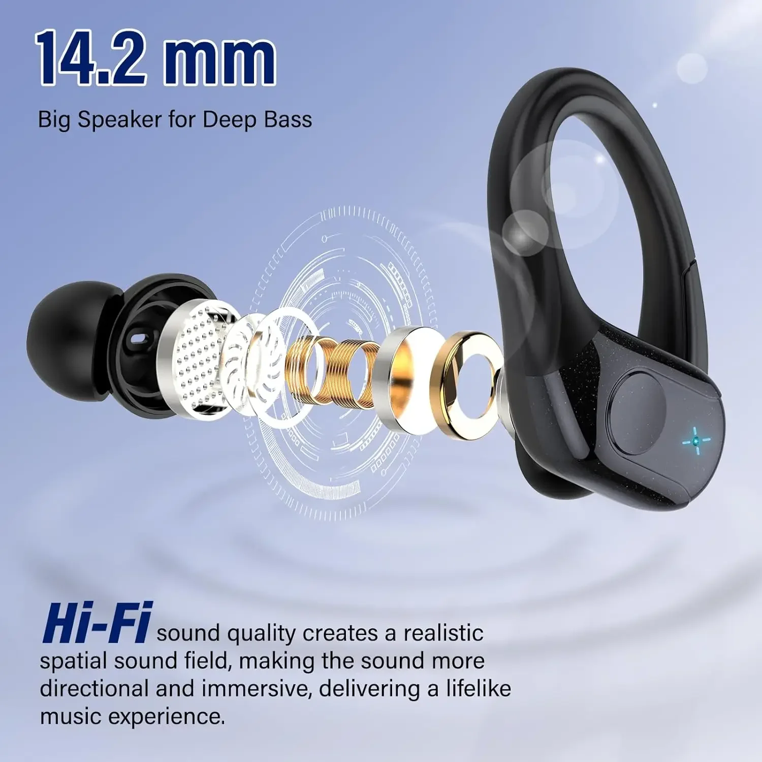 Фото T12 TWS Bluetooth наушники с микрофоном спортивные ушные крючки светодиодный дисплей беспроводные наушники Hi-Fi стерео наушники IPX7 водонепроницаемые гарнитуры №2