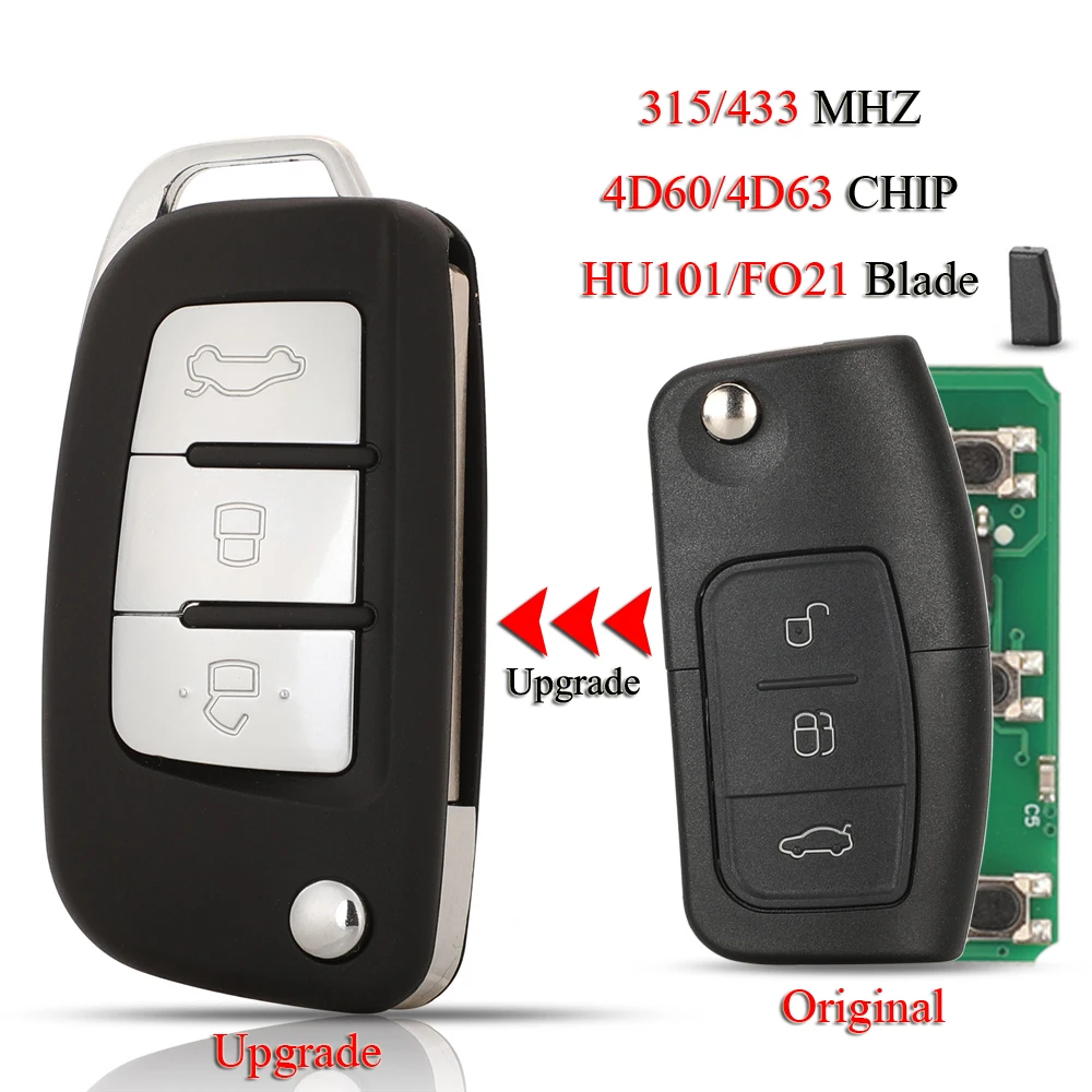 

jingyuqin Folding Remote Car Key For Ford Focus Mondeo Galaxy Fiesta C Max S Max 315/433MHZ ID60/ID63 Chip 3 Buttons HU101/FO21