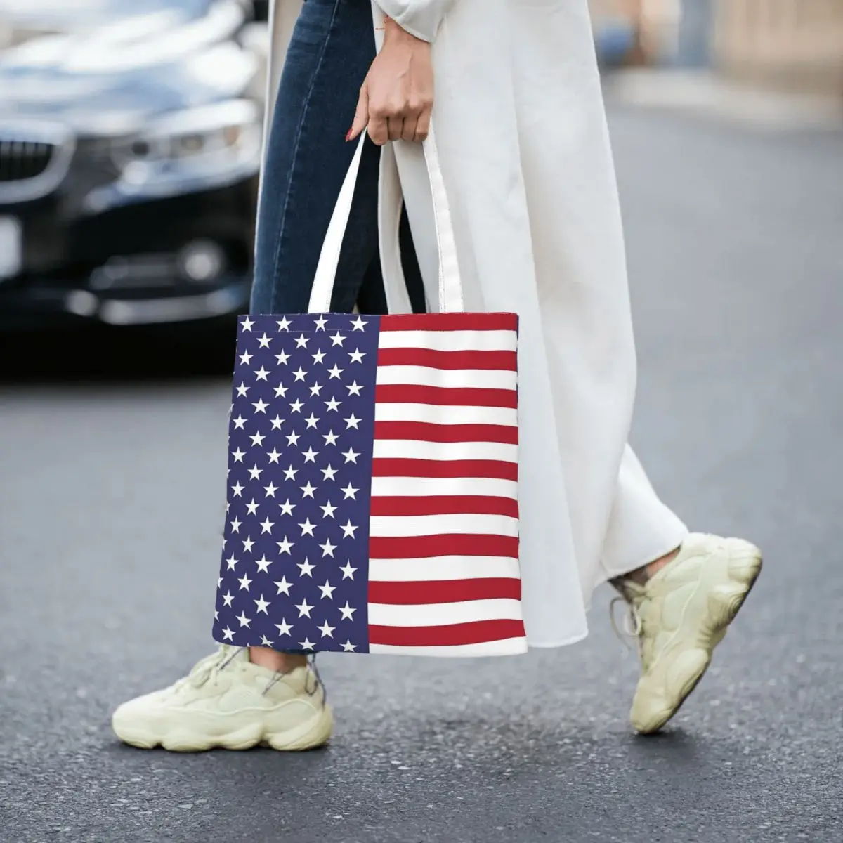 

US Flag Socks Women Canvas Handbag Large Capacity Shopper Bag Tote Bag withSmall Shoulder Bag