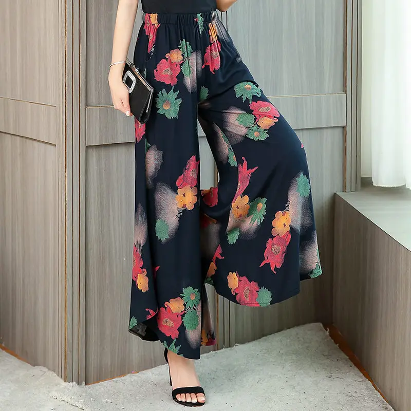 

Summer Women Wide Leg Pants 2023 Casual Middle-aged Women Harajuku Trousers with Print Loose Summer Women High Waist Pants