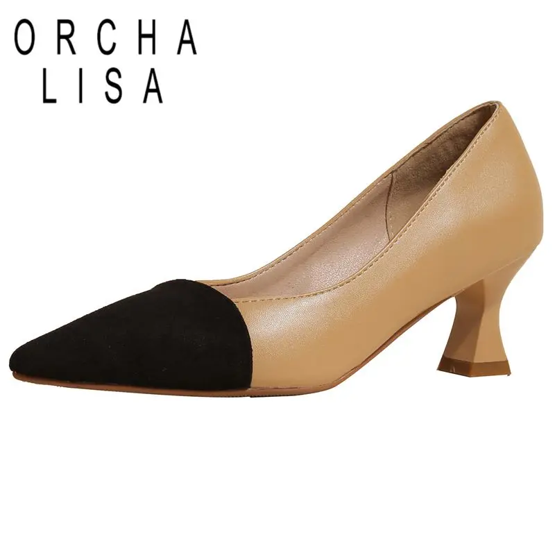 

ORCHA LISA Brand Designer Office Lady Shoes Pumps Pointed Toe Thin Heels Slip-on Splice Large Size 32-43 Mix Color Apricot S3848
